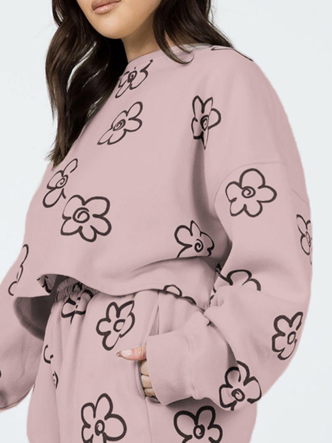 Floral Dropped Shoulder Sweatshirt and Shorts Set - HAPPY HOURS