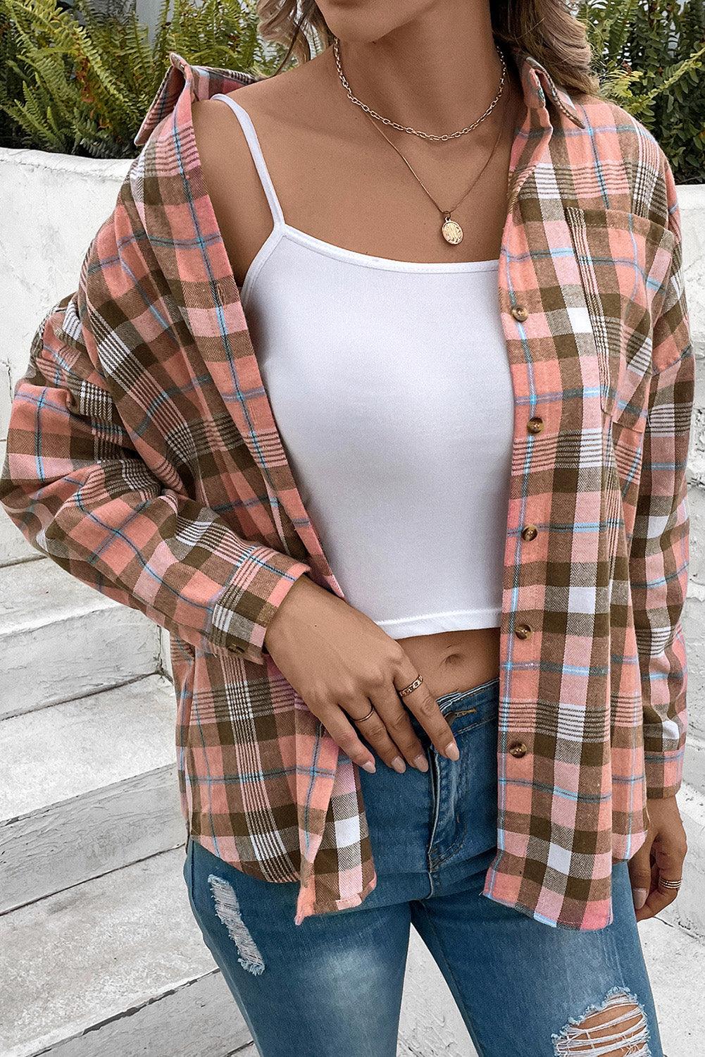 Plaid Collared Neck Long Sleeve Button-Up Shirt - HAPPY HOURS