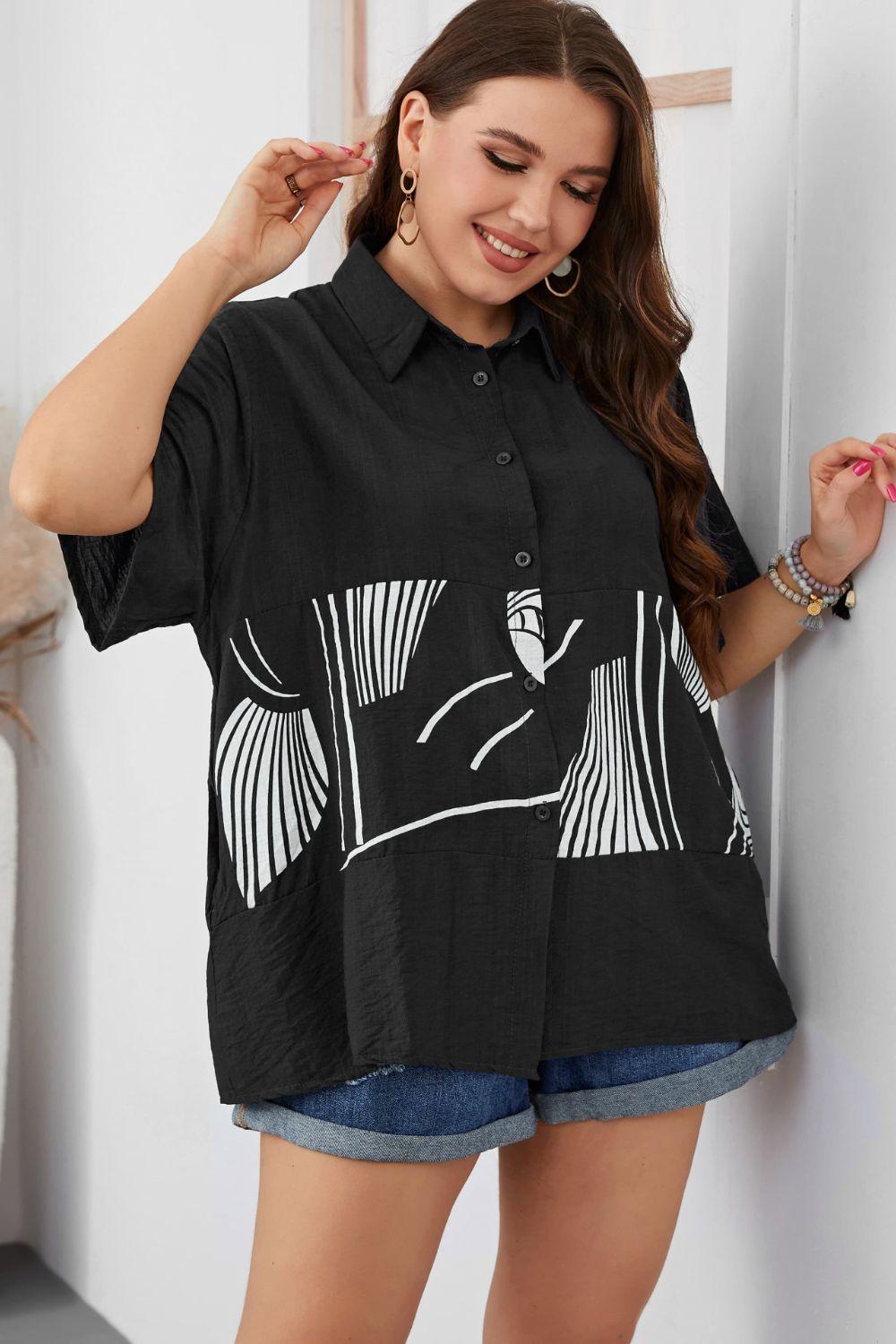 Plus Size Printed Flutter Sleeve Shirt - HAPPY HOURS