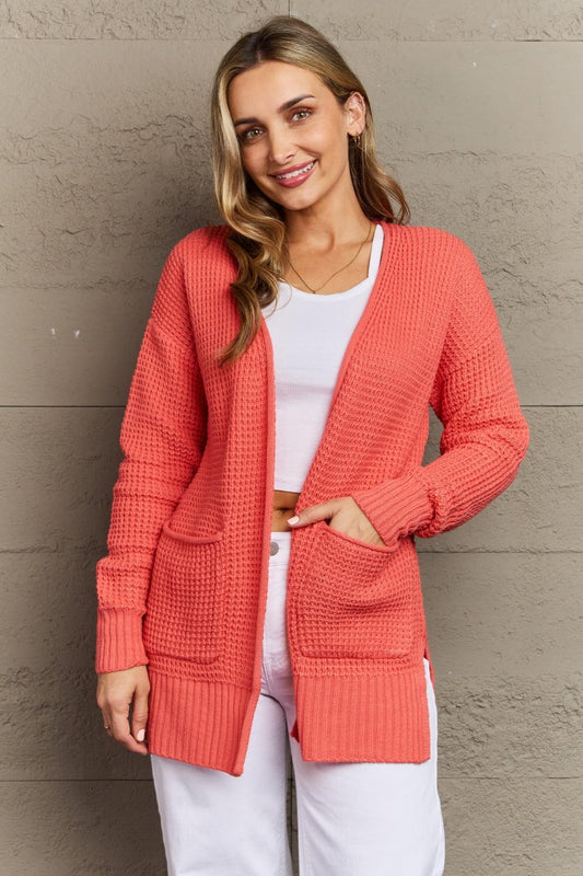 Zenana Bright & Cozy Full Size Waffle Knit Cardigan - HAPPY HOURS