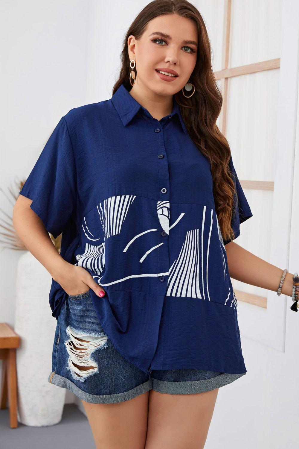 Plus Size Printed Flutter Sleeve Shirt - HAPPY HOURS