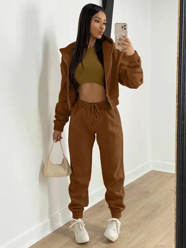 Women's Knitted Casual Sports Fleece Hooded Three-piece Suit - HAPPY HOURS