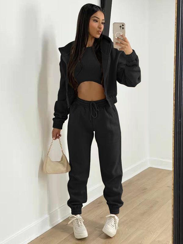 Women's Knitted Casual Sports Fleece Hooded Three-piece Suit - HAPPY HOURS