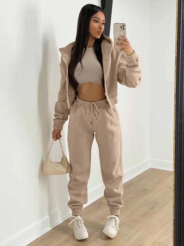 Women's Knitted Casual Sports Fleece Hooded Three-piece Suit - HAPPY HOURS