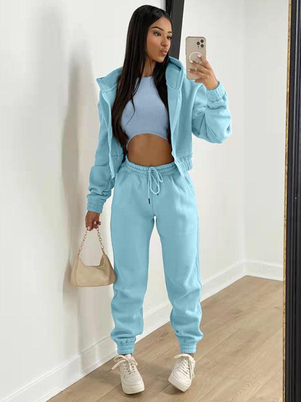 Women's Knitted Casual Sports Fleece Hooded Three-piece Suit - HAPPY HOURS
