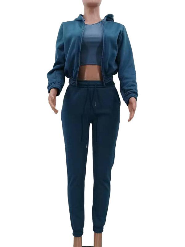 Women's Knitted Casual Sports Fleece Hooded Three-piece Suit - HAPPY HOURS
