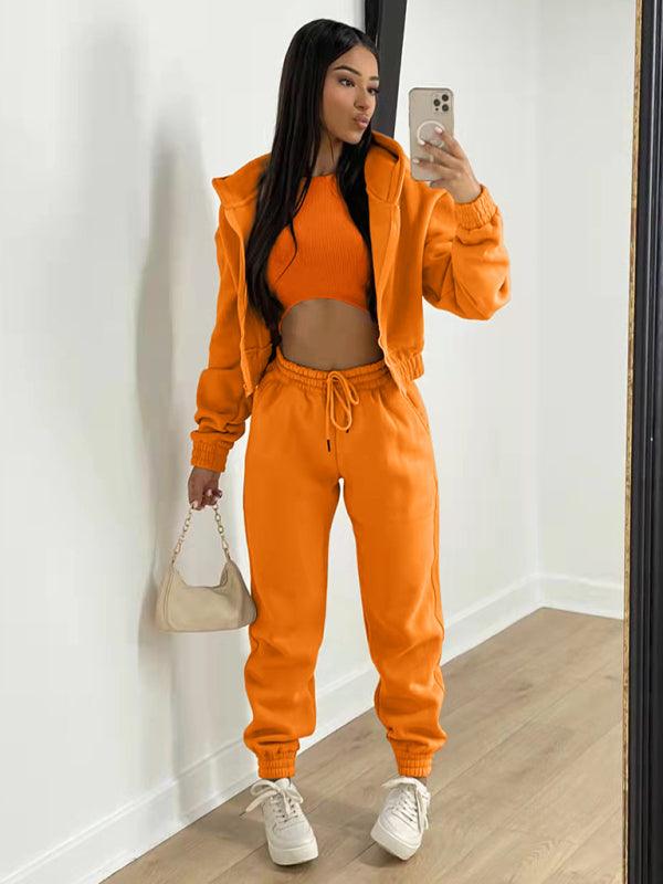 Women's Knitted Casual Sports Fleece Hooded Three-piece Suit - HAPPY HOURS