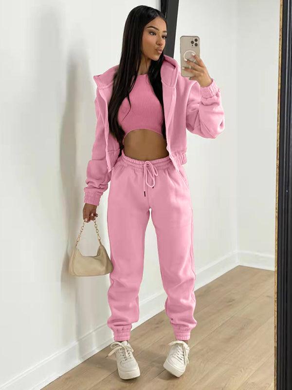 Women's Knitted Casual Sports Fleece Hooded Three-piece Suit - HAPPY HOURS