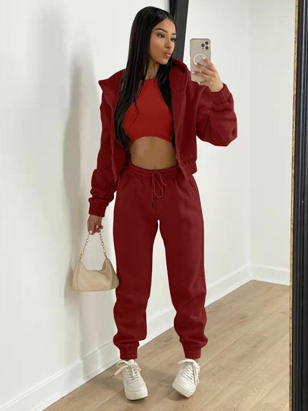 Women's Knitted Casual Sports Fleece Hooded Three-piece Suit - HAPPY HOURS